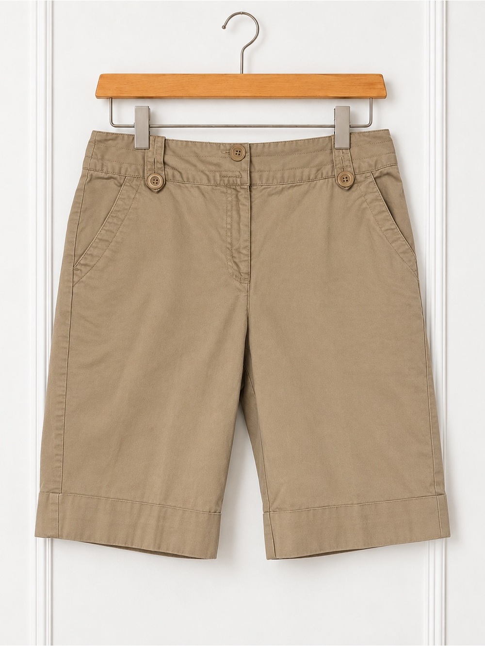 Talbots Stretch Khaki Bermuda Shorts Size 8 Button Tab Cuffed Old Money Preppy - Picture 2 of 5